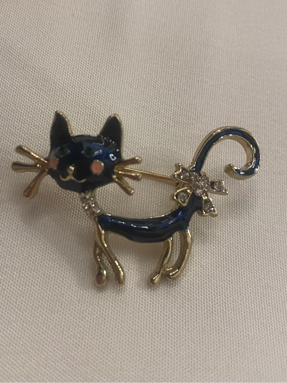 Brooch Cat Gold Blue Pin Crystal Accents New